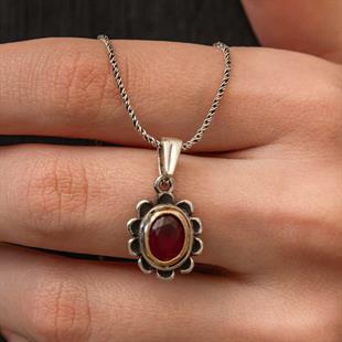 Hk Gümüş Kadın Kolye Kırmızı Taşlı Çiçek Model |Gümüş Takı Hediyelik Ürünler