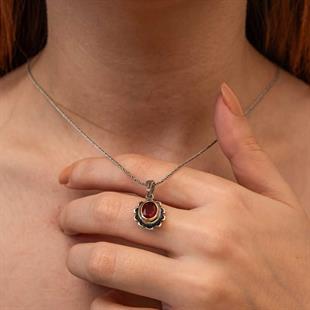 Hk Gümüş Kadın Kolye Kırmızı Taşlı Çiçek Model |Gümüş Takı Hediyelik Ürünler