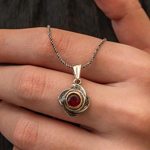 Hk Gümüş Kadın Kolye Kırmızı Taşlı Gül Model |Gümüş Takı Hediyelik Ürünler