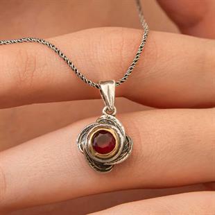 Hk Gümüş Kadın Kolye Kırmızı Taşlı Gül Model |Gümüş Takı Hediyelik Ürünler