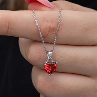 Hk Gümüş Kadın Kolye Kırmızı Taşlı Kalpli |Gümüş Takı Hediyelik Ürünler