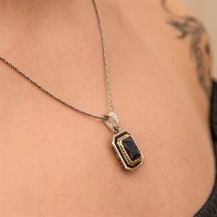 Hk Gümüş Kadın Kolye Lacivert Taşlı Dikdörtgen |Gümüş Takı Hediyelik Ürünler
