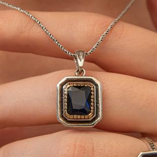 Hk Gümüş Kadın Kolye Lacivert Taşlı Dikdörtgen |Gümüş Takı Hediyelik Ürünler