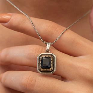 Hk Gümüş Kadın Kolye Lacivert Taşlı Dikdörtgen |Gümüş Takı Hediyelik Ürünler