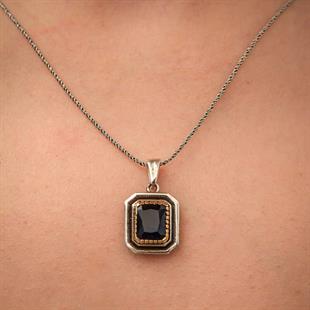 Hk Gümüş Kadın Kolye Lacivert Taşlı Dikdörtgen |Gümüş Takı Hediyelik Ürünler