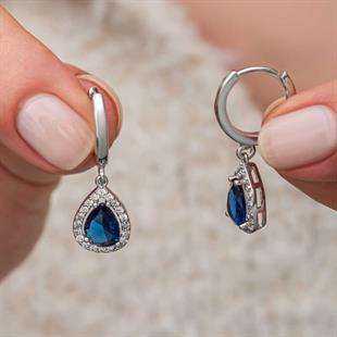 Hk Gümüş Kadın Küpe Lacivert Zirkon Taşlı Damla |Gümüş Takı Hediyelik Ürünler