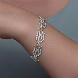 Hk Gümüş Kadın Bileklik Lale Motifli Telkari |Gümüş Takı Hediyelik Ürünler