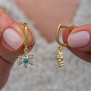 Hk Gümüş Kadın Küpe Mavi Taşlı Gold Çiçek |Gümüş Takı Hediyelik Ürünler