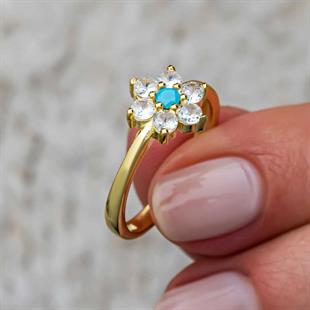 Hk Gümüş Kadın Set Mavi Taşlı Gold Çiçek |Gümüş Takı Hediyelik Ürünler