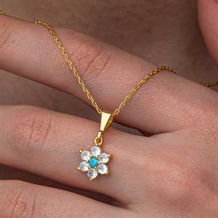 Hk Gümüş Kadın Set Mavi Taşlı Gold Çiçek |Gümüş Takı Hediyelik Ürünler