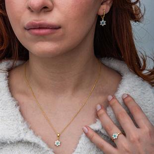 Hk Gümüş Kadın Set Mavi Taşlı Gold Çiçek |Gümüş Takı Hediyelik Ürünler