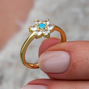 Gümüş Mavi Taşlı Gold Çiçek Kadın Yüzük