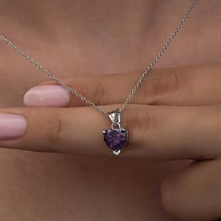 Hk Gümüş Kadın Kolye Mor Taşlı Kalpli |Gümüş Takı Hediyelik Ürünler