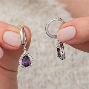 Hk Gümüş Kadın Küpe Mor Zirkon Taşlı Damla |Gümüş Takı Hediyelik Ürünler