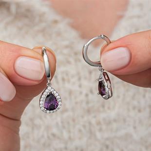 Hk Gümüş Kadın Küpe Mor Zirkon Taşlı Damla |Gümüş Takı Hediyelik Ürünler