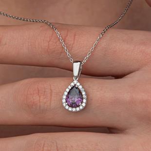 Hk Gümüş Kadın Set Mor Zirkon Taşlı Damla |Gümüş Takı Hediyelik Ürünler