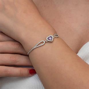 Hk Gümüş Kadın Bileklik Mor Zirkon Taşlı Kalp Bileklik|Gümüş Takı Hediyelik Ürünler