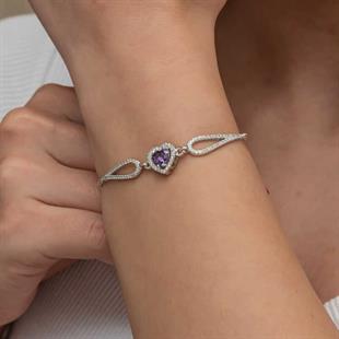 Hk Gümüş Kadın Bileklik Mor Zirkon Taşlı Kalp Bileklik|Gümüş Takı Hediyelik Ürünler