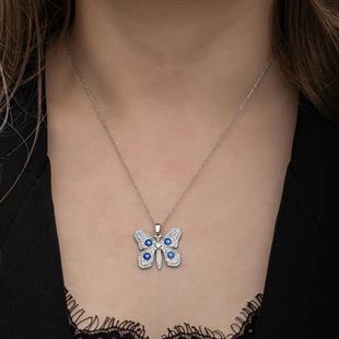 Hk Gümüş Kadın Kolye Nazarlı Kelebek |Gümüş Takı Hediyelik Ürünler