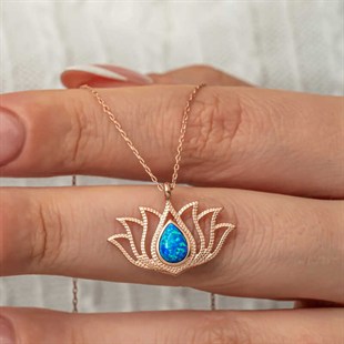 Hk Gümüş Opal Taşlı Rose Lotus Çiçeği Kolye | Gümüş Takı Hediyelik Ürünler