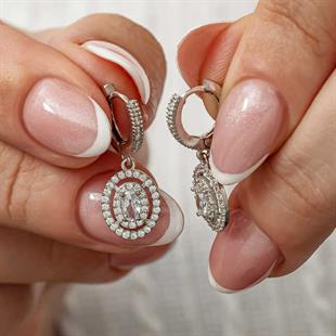 Hk Gümüş Kadın Küpe Oval Taşlı Sallantılı|Gümüş Takı Hediyelik Ürünler