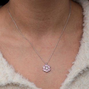 Hk Gümüş Pembe Kalpli Çiçek Kadın Kolye | Gümüş Takı Hediyelik Ürünler