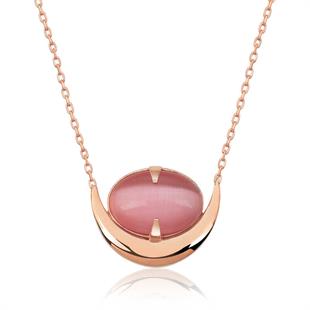 Gümüş Pembe Kedi Gözü Taşlı Hilal Kolye