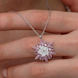 Hk Gümüş Kadın Kolye Pembe Lotus Desenli Çiçek |Gümüş Takı Hediyelik Ürünler