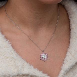 Hk Gümüş Kadın Kolye Pembe Lotus Desenli Çiçek |Gümüş Takı Hediyelik Ürünler