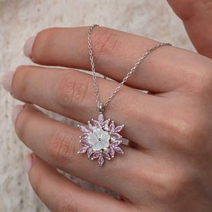 Hk Gümüş Kadın Kolye Pembe Lotus Desenli Çiçek |Gümüş Takı Hediyelik Ürünler