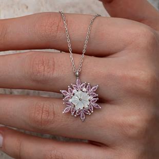 Hk Gümüş Kadın Kolye Pembe Lotus Desenli Çiçek |Gümüş Takı Hediyelik Ürünler