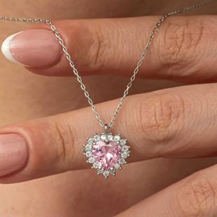 Hk Gümüş Kadın Kolye Pembe Taşlı Kalp |Gümüş Takı Hediyelik Ürünler