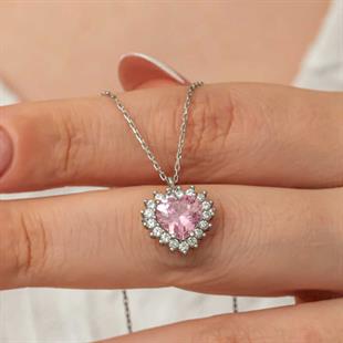 Hk Gümüş Kadın Kolye Pembe Taşlı Kalp |Gümüş Takı Hediyelik Ürünler