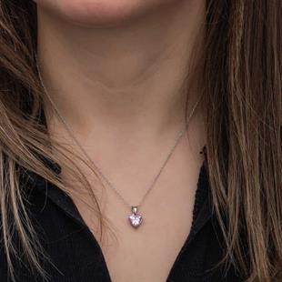 Hk Gümüş Kadın Kolye Pembe Taşlı Kalpli |Gümüş Takı Hediyelik Ürünler