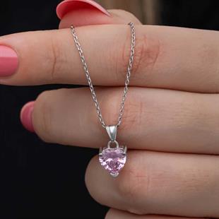 Hk Gümüş Kadın Kolye Pembe Taşlı Kalpli |Gümüş Takı Hediyelik Ürünler