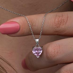 Hk Gümüş Kadın Kolye Pembe Taşlı Kalpli |Gümüş Takı Hediyelik Ürünler