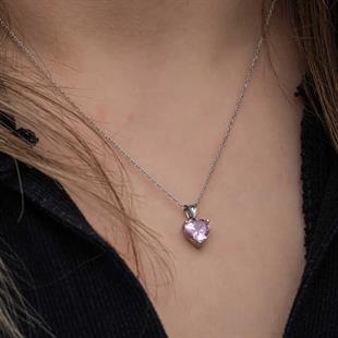Hk Gümüş Kadın Kolye Pembe Taşlı Kalpli |Gümüş Takı Hediyelik Ürünler