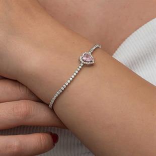 Hk Gümüş Kadın Bileklik Pembe Taşlı Kalpli Su Yolu|Gümüş Takı Hediyelik Ürünler