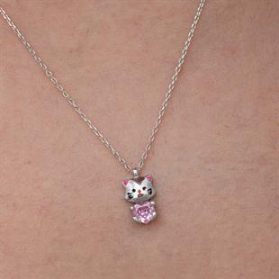 Gümüş Pembe Taşlı Sevimli Kedi Kadın Kolye