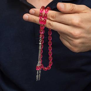Hk Sıkma Kehribar Pembe Ateş Tesbih Gümüş Püsküllü|Gümüş Takı Hediyelik Ürünler