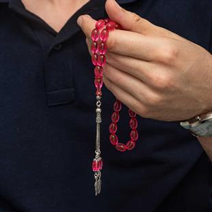 Hk Sıkma Kehribar Pembe Ateş Tesbih Gümüş Püsküllü|Gümüş Takı Hediyelik Ürünler