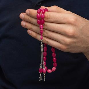 Hk Pembe Sıkma Kehribar Tesbih Gümüş Püsküllü |Gümüş Takı Hediyelik Ürünler