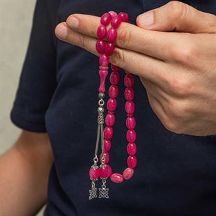 Hk Pembe Sıkma Kehribar Tesbih Gümüş Püsküllü |Gümüş Takı Hediyelik Ürünler