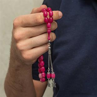 Hk Pembe Sıkma Kehribar Tesbih Gümüş Püsküllü |Gümüş Takı Hediyelik Ürünler