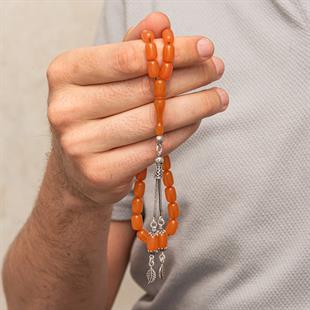 Gümüş Püsküllü Turuncu Kapsül Kesim Sıkma Kehribar Tesbih