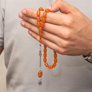 Gümüş Püsküllü Turuncu Kapsül Kesim Sıkma Kehribar Tesbih