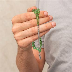 Hk Sıkma Kehribar Yeşil Yuvarlak Tesbih Gümüş Püsküllü |Gümüş Takı Hediyelik Ürünler