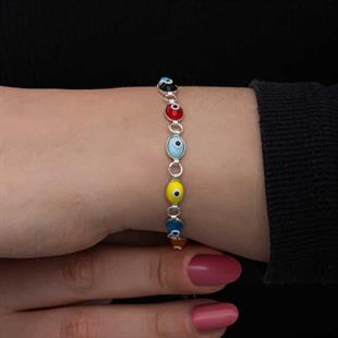 Hk Gümüş Kadın Bileklik Renkli Nazar Mineli |Gümüş Takı Hediyelik Ürünler