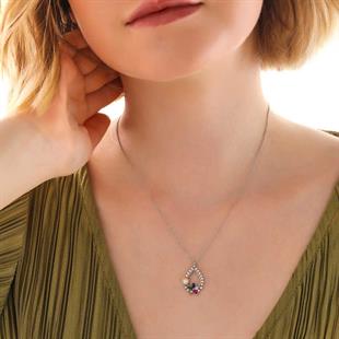 Hk Gümüş Kadın Kolye Renkli Taşlı Çiçekli |Gümüş Takı Hediyelik Ürünler