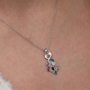 Hk Gümüş Kadın Kolye Renkli Taşlı Tavus Kuşu |Gümüş Takı Hediyelik Ürünler